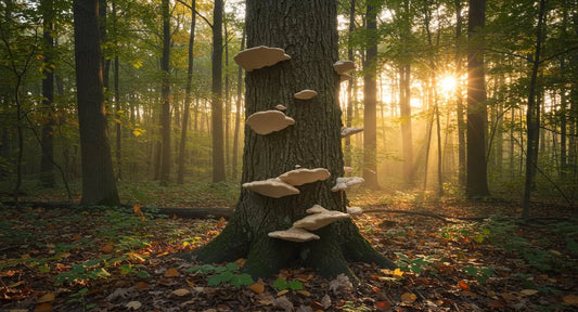 Polypore mushrooms growing on Maple tree with sunlight shining behind trees