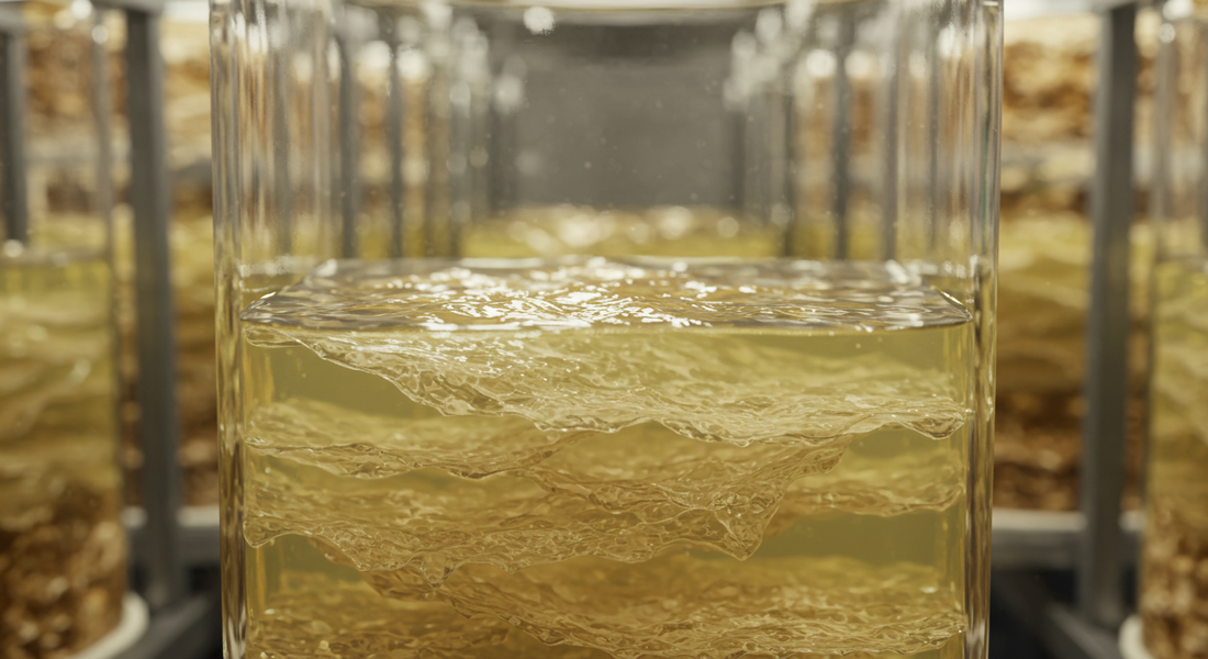 Close up of dense mycelium growing in faintly yellow liquid nutrients in glass jar, many other jars containing the same in background