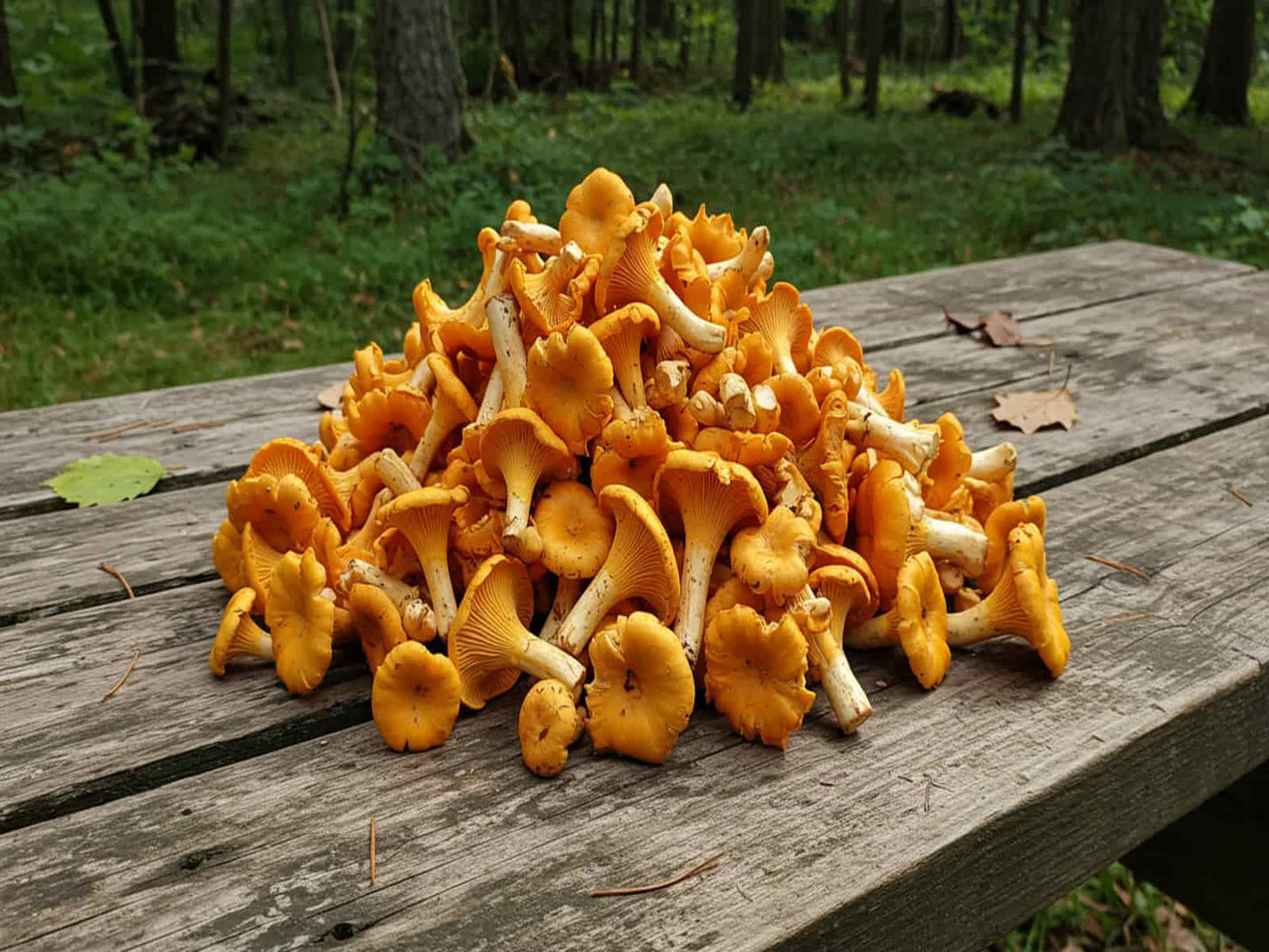Orange Chanterelle mushrooms harvested from nearby forest and collected into a pile on a wooden picnic table
