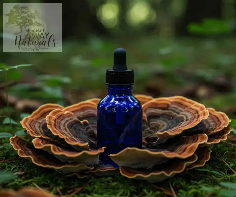 Simply Wild Turkey Tail Tincture bottle on green moss in ring of Turkey Tail mushrooms in dim forest