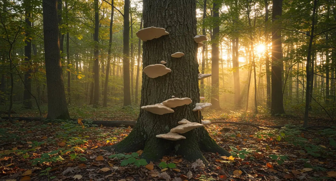 Polypore mushrooms growing on Maple tree with sunlight shining behind trees