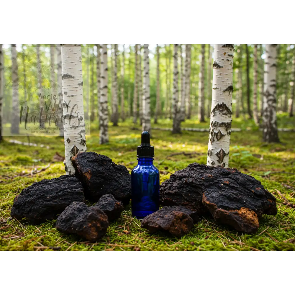 Ancient Apothecary Chaga Mushroom Extract Tincture bottle with Chaga chunks nearby in paper Birch forest