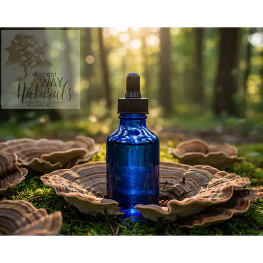 Turkey Tail Tincture bottle of Blue glass with turkey tail mushrooms growing in a ring around it, sunshine thru green leafed forest backdrop