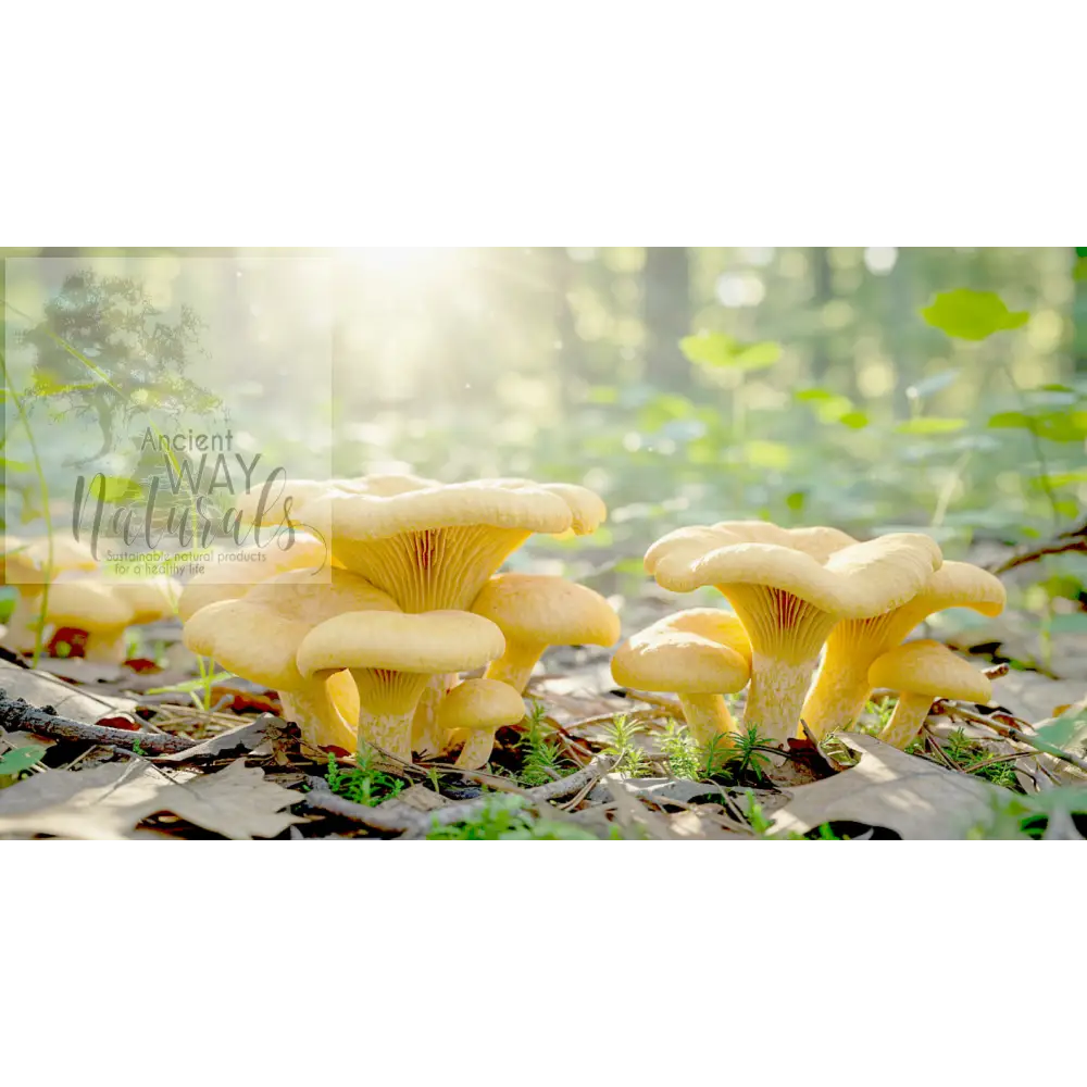 Cluster of Chanterelle mushrooms growing from forest floor with brilliant morning sunshine