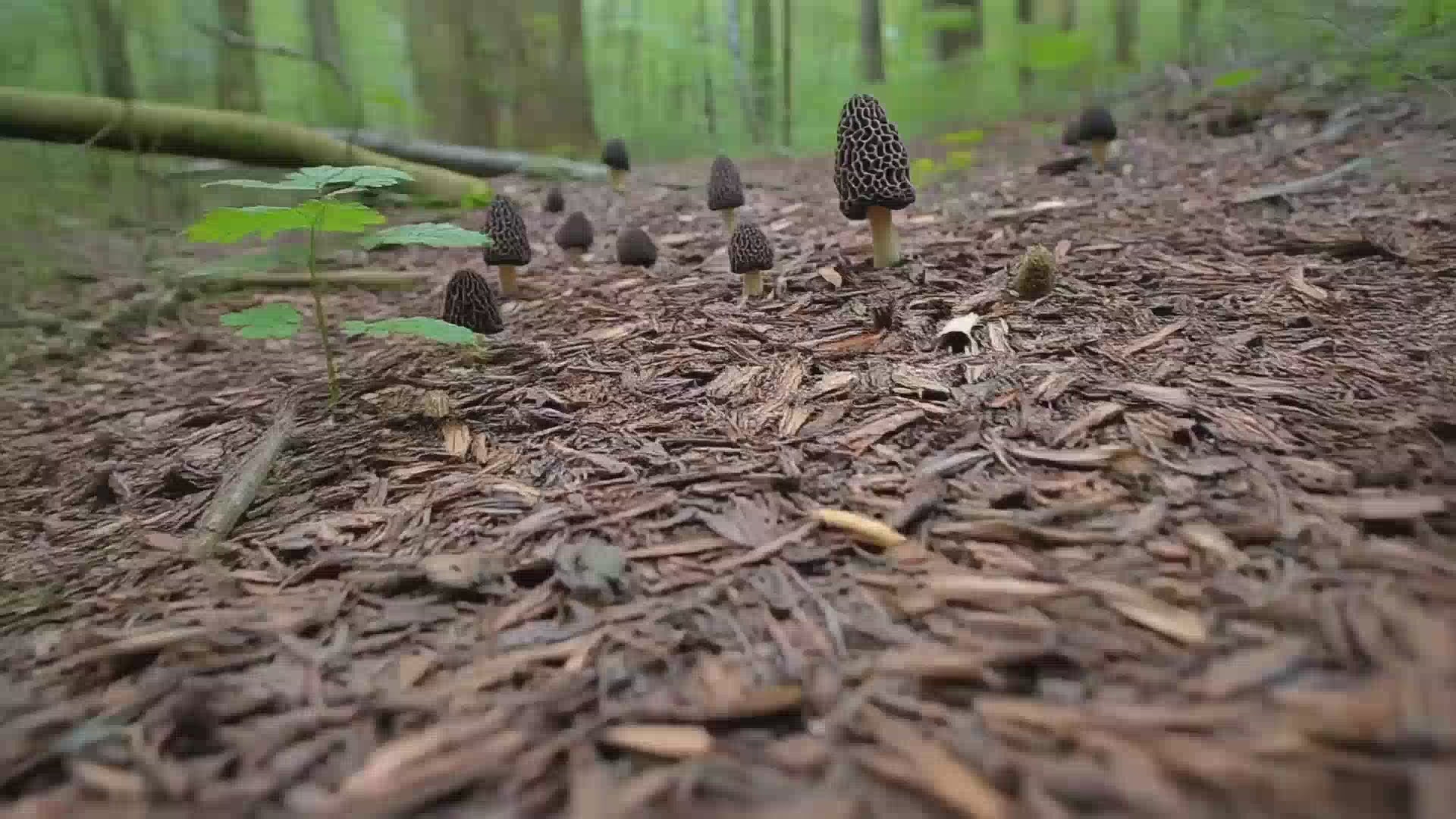 Morel Mushrooms growing from a forest path of woodchips which was planted with a Simplified Morel Mushroom Spore Growing Kit
