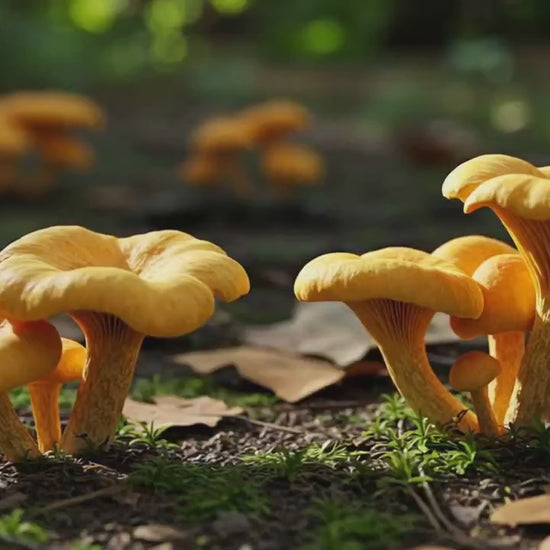 Chanterelle Mushroom Growing Kit producing some nice clusters of bright orange Chanterelle mushrooms
