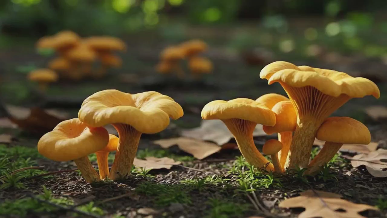 Chanterelle Mushroom Growing Kit producing some nice clusters of bright orange Chanterelle mushrooms