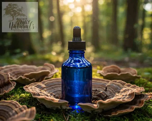 Turkey Tail Tincture bottle of Blue glass with turkey tail mushrooms growing in a ring around it, sunshine thru green leafed forest backdrop